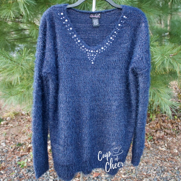 2/$30 Questions: Blue Fuzzy Sweater - Picture 1 of 4